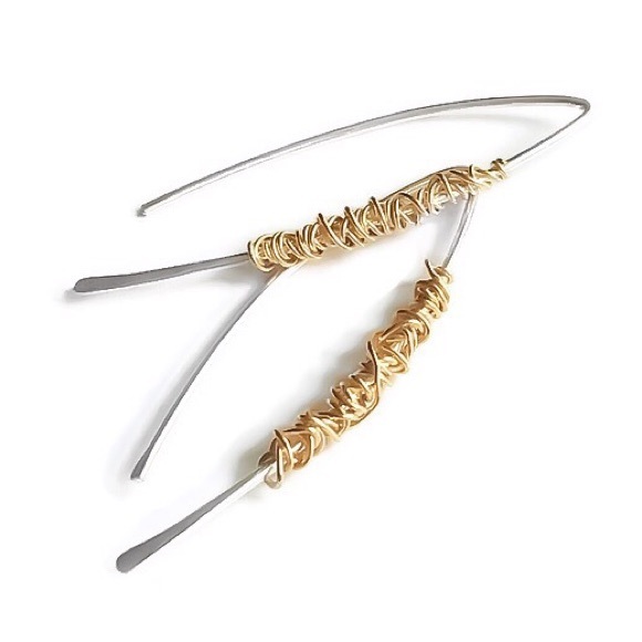 925 sterling silver wire wrapped in gold hooked on open hoop threader earrings - Picture 1 of 7